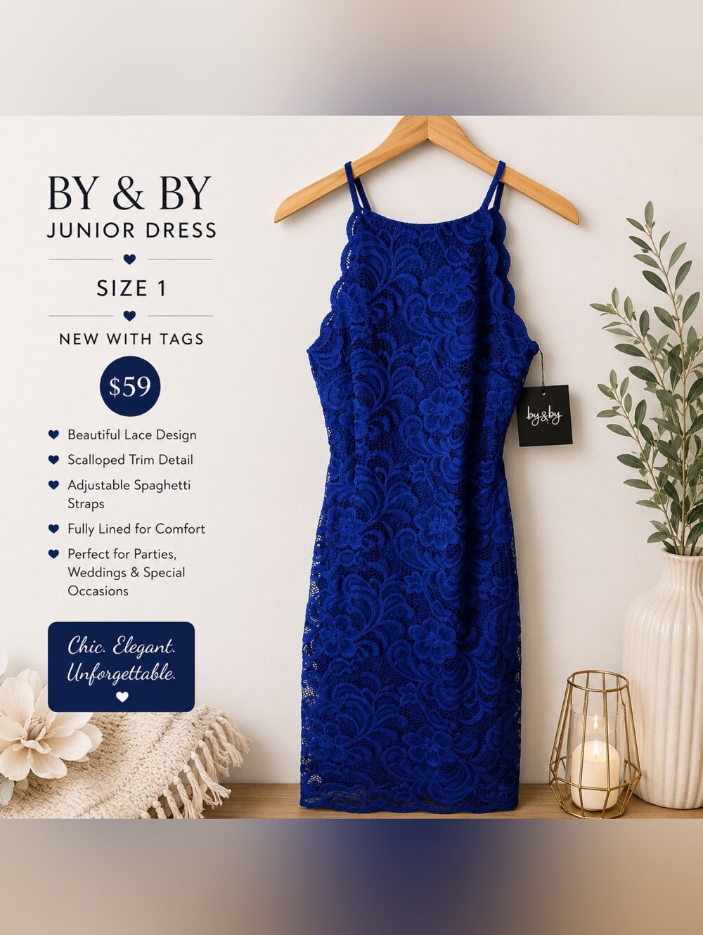 by & by Cobalt Blue Lace Midi Dress with Scalloped Edges